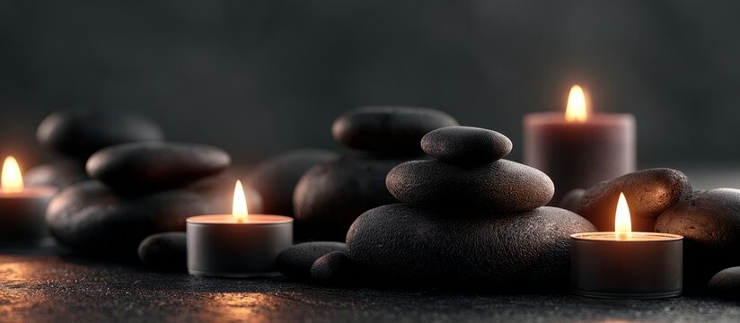 Stacked basalt spa stones and burning candles