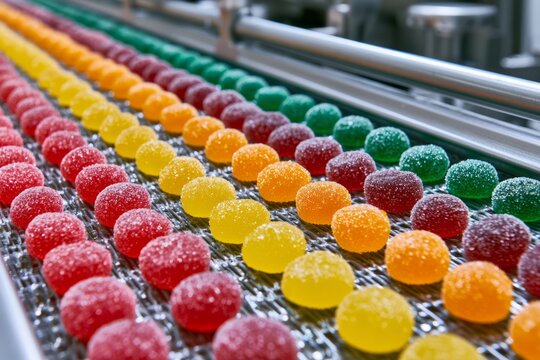 Colorful sugar jelly candies moving on conveyor belt