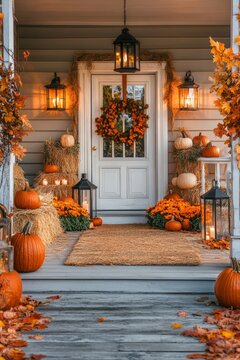 Autumn porch decorating with pumpkins, straw, lanterns, fall leaves, vertical