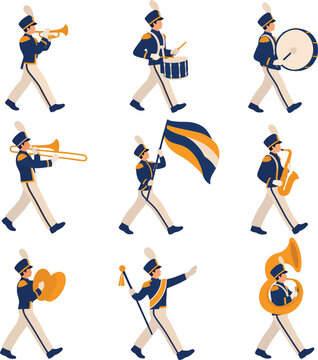 Set of Nine Male Marching Band Musicians Playing Trumpet, Drum, Trombone, Saxophone, Tuba Illustration Vector