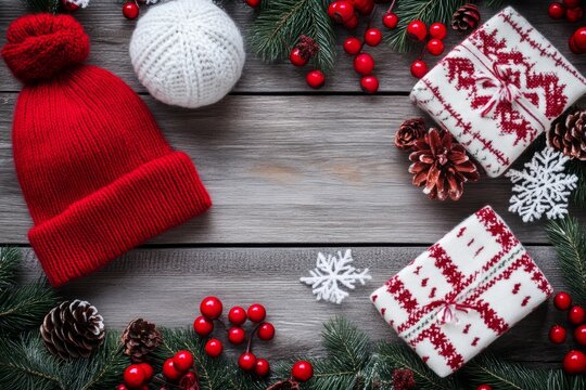 Winter festive layout with christmas gifts and decorations