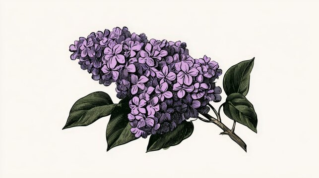 An artistic engraving style illustration of blooming purple lilac flowers isolated on white background. Vintage floral design element for botanical projects.