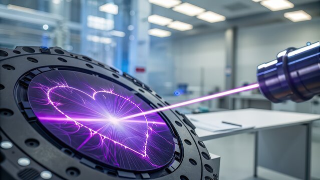 Silicon wafer glowing with purple laser light in a cleanroom macro view