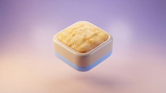 3D render of a square cookie icon with a beige and blue border on a soft purple background