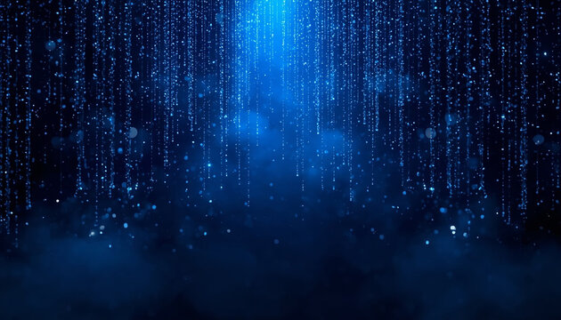 Abstract Midnight Blue Light Curtain with Glowing Particles