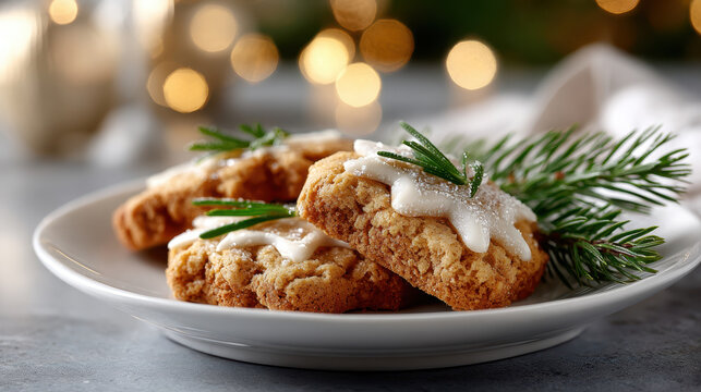 Christmas gingerbread cookies with icing on festive plate and holiday decor