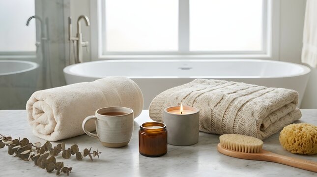 Indulge in the ultimate winter sanctuary with this cozy bathroom scene featuring a luxurious clawfoot tub soft textiles and gentle candlelight creating a serene and