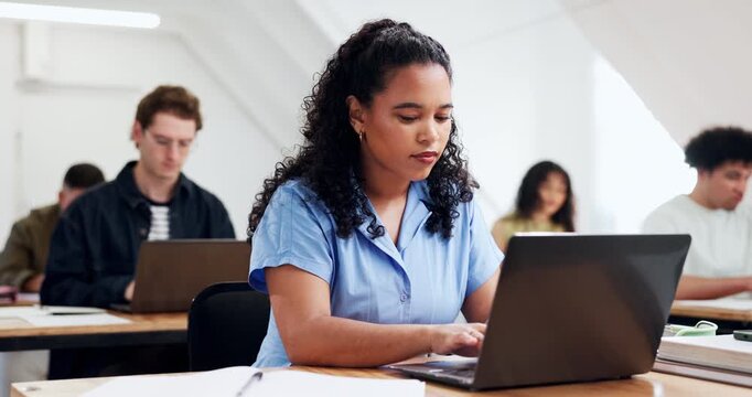 University student, typing and woman with laptop in classroom, education and studying with research. College, notes and people with tech, knowledge and planning for assignment with info on website