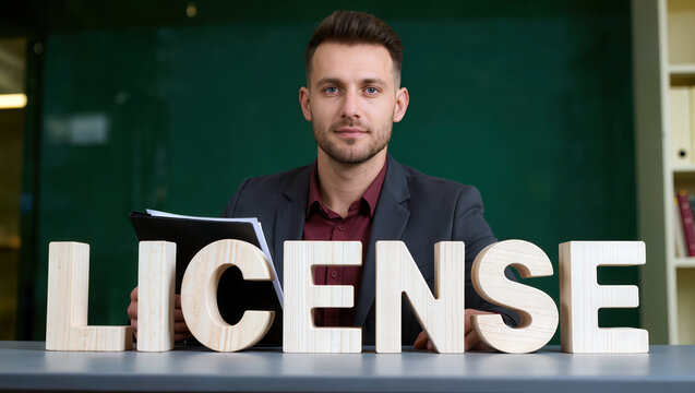 A suited man holds a black folder behind large wooden blocks spelling LICENSE at a desk, with a professional workplace setting focused on permits, authorization and regulatory compliance