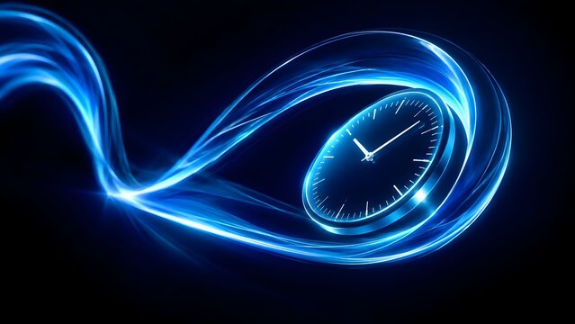 Glowing blue analog clock surrounded by dynamic light waves representing flowing time and energy