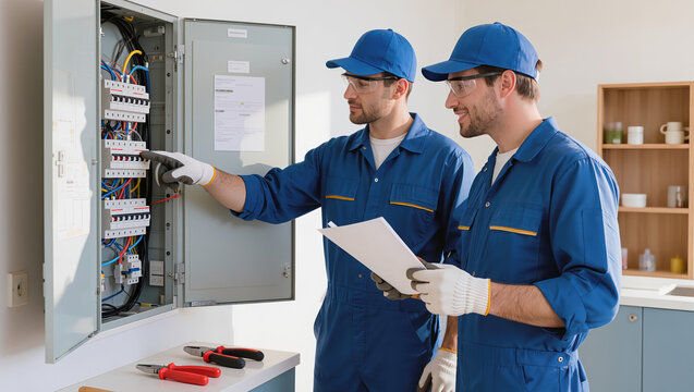 Two electrical technicians in blue uniforms inspect an open breaker panel, while one points to the wiring and the other holds a paper plan beside hand tools