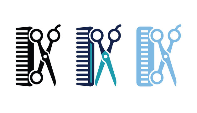 Set of hair salon icons with comb and scissors, professional barber tools for haircut and styling, vector illustration