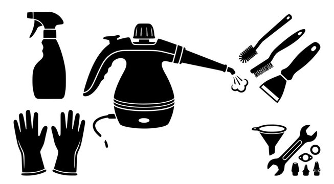 Professional steam cleaning equipment and accessories set for industrial and domestic sanitization vector