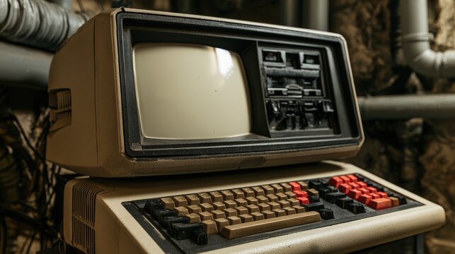 An old vintage computer with CRT monitor and keyboard sits in a dimly lit basement. Ideal for technology history or retro computing projects.