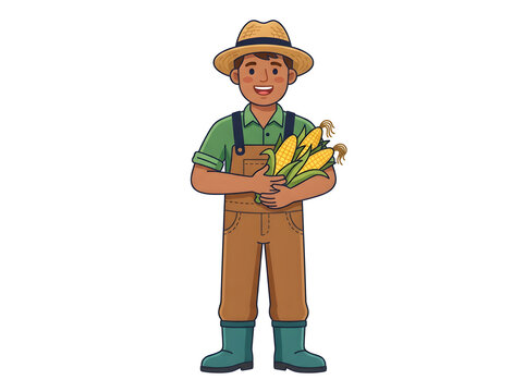 Smiling farmer holding fresh corn ears isolated on white background