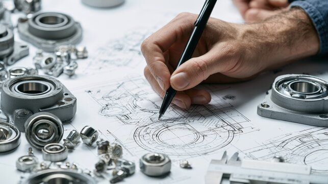 An engineer sketching mechanical parts on a detailed technical blueprint. Ideal for industrial design and engineering concepts.
