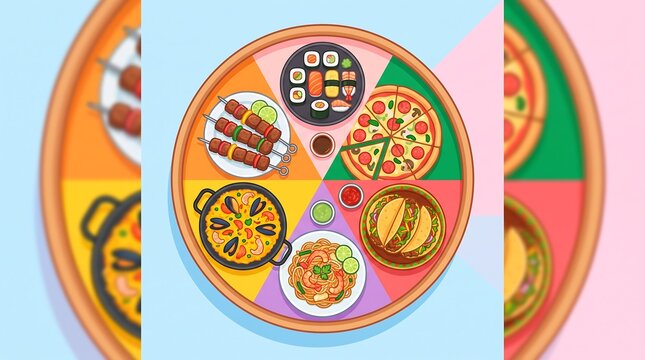 Top view of a diverse international meal platter split into segments with food variety international cuisine food selection shared food