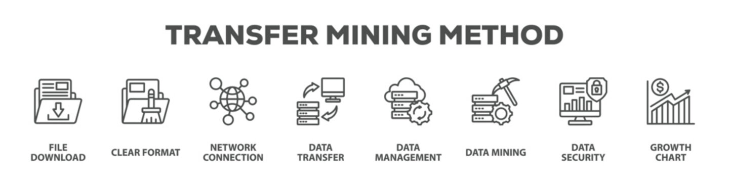 Transfer Mining Method with icon of File download, Clear format, Network connection, Data transfer, Data management, Data mining, Data security, Growth chart