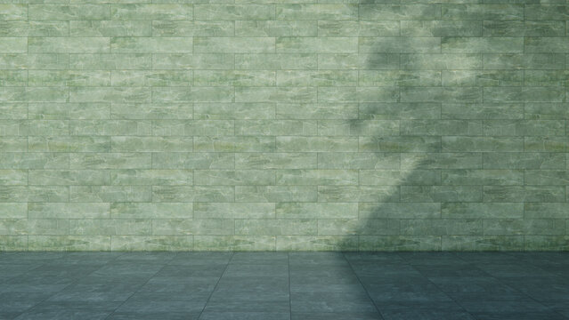 Empty Green Marble Wall Outdoor Space with Foliage Shadow and Tiled Floor. Property Development Concept with copy-space.