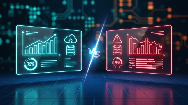 Glowing futuristic digital interface displays data comparison charts with vibrant neon colors against dark circuit board