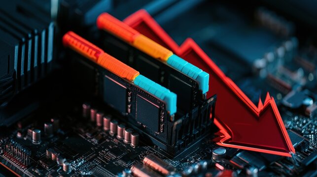 A red down arrow highlighting RAM memory sticks installed on a dark motherboard. This illustrates hardware performance loss or market trends in computing technology.