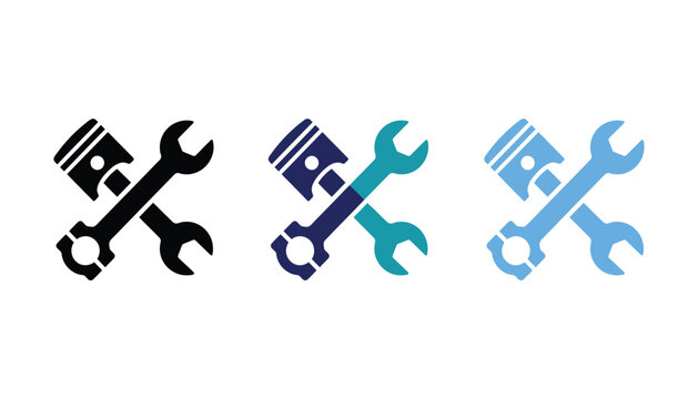 Set of three icons featuring a piston crossed with a wrench, representing automotive repair, engine maintenance, and mechanical service concepts