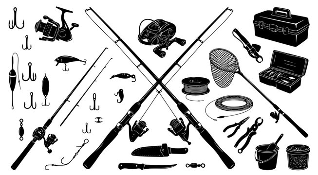 Professional fishing gear and angling equipment icons set featuring rods reels lures hooks nets and tackle boxes for sport fishing enthusiasts and outdoor adventure branding in a vector illustration