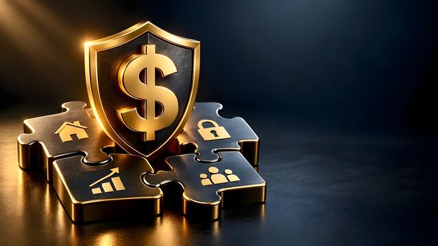 Golden dollar shield on puzzle pieces with business icons representing financial security insurance and asset protection
