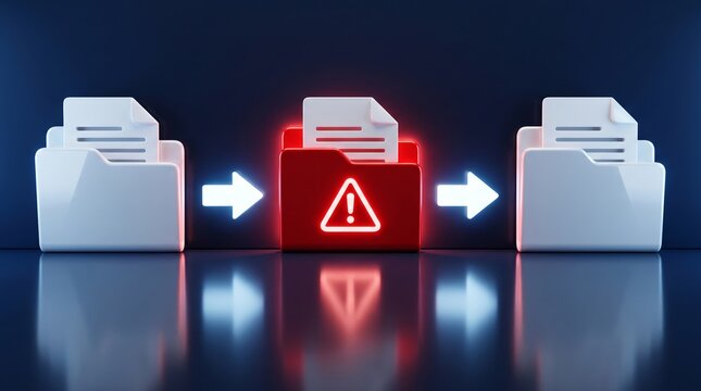 Glowing warning folder featuring an exclamation triangle symbol placed centrally between two clean white folders with documents