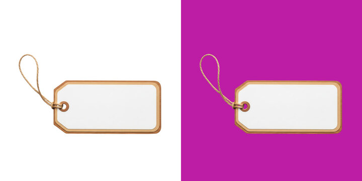 Two blank gift tags with twine on purple background transparent png