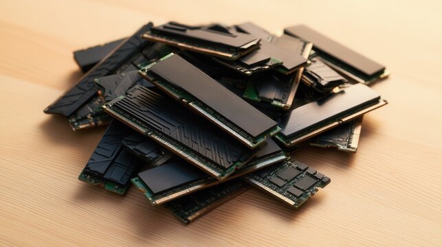 A pile of computer RAM memory sticks stacked on a wooden table under soft lighting. Ideal for technology and hardware upgrade concepts.