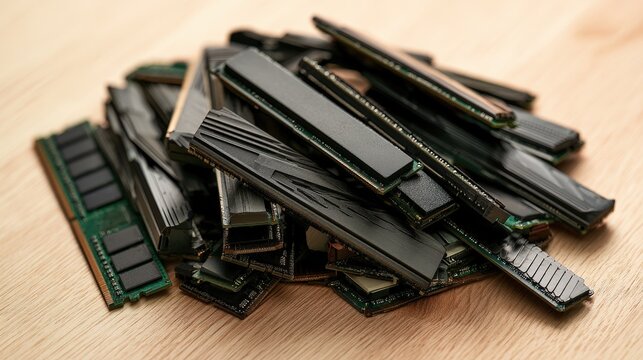 Pile of computer RAM memory modules on a wooden desk. Concept for hardware recycling or PC hardware upgrades.