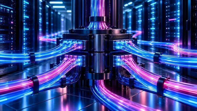 Glowing data cables connected to central server rack symbolizing high speed network infrastructure and cloud computing