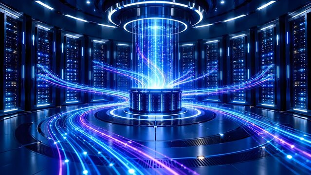 Central core server emitting glowing light beams in dark data center representing cloud computing power and information network