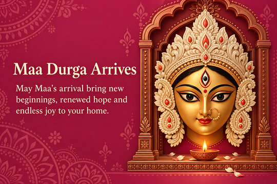 Festive goddess durga portrait with ornate crown glowing diya and pink decorative background celebrating durga puja navratri arrival blessings joy and devotion