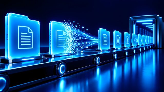 Glowing digital document folders transforming into data particles on conveyor belt representing information transfer