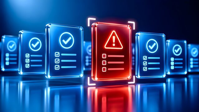 Glowing red alert document among blue checkmark files representing compliance error detection and risk management