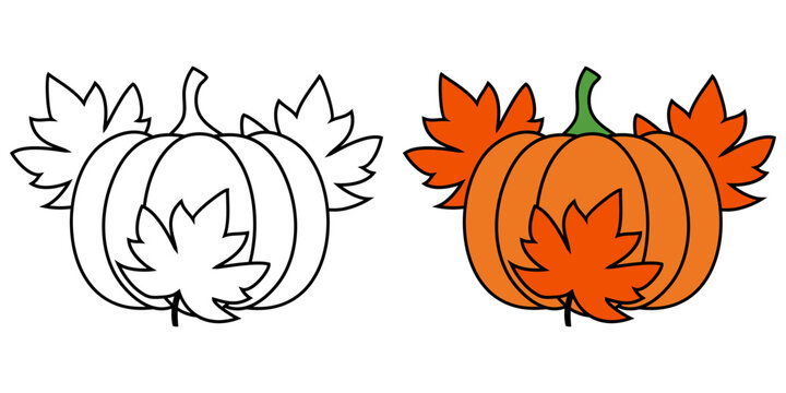 Temporada de oto&ntilde;o. Logo con dibujo sencillo de una calabaza con hojas de arce con l&iacute;neas y con relleno, para tarjetas y felicitaciones para el D&iacute;a de Acci&oacute;n de Gracias 