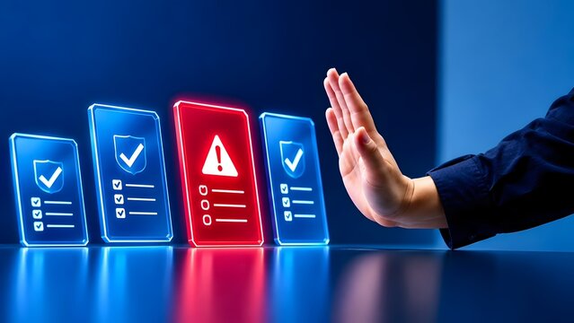 Hand making stop gesture towards glowing red alert document rejecting invalid data in security compliance process
