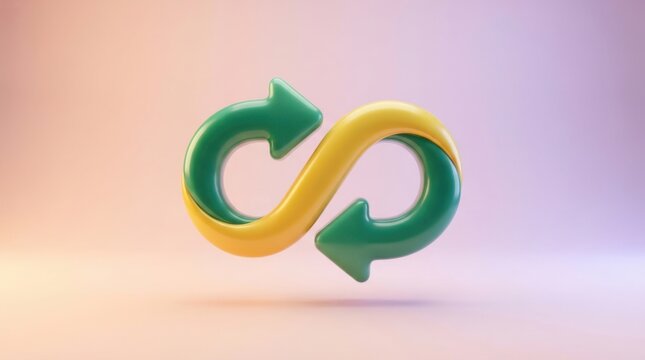3D render of a green and yellow circular infinity loop arrow symbol icon isolated on background