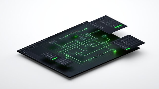 Futuristic dashboard with glowing green data flows and floating panels isolated on white background. Ideal for technology and software interface design concepts.