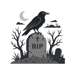 Fototapeta premium Raven perched on RIP gravestone, spooky Halloween night scene, isolated