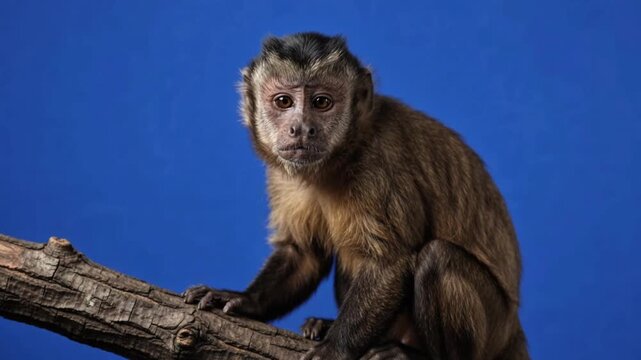 Brown capuchin monkey sitting on a tree branch looking around against blue screen backdrop
