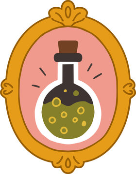 Vintage Halloween gold frame with magic potion bottle