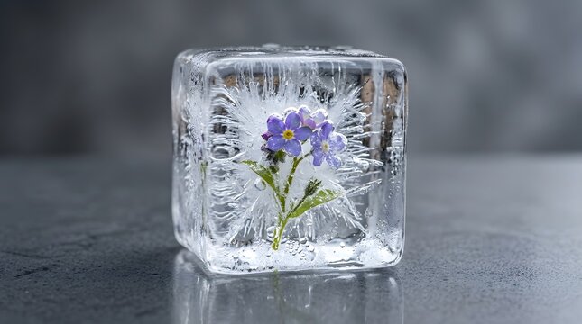 A captivating close up reveals a delicate floral arrangement encased within a pristine frost covered glass votive evoking the serene beauty and tranquil stillness of