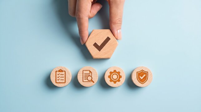 Human hands placing wooden blocks with checkboxes and business icons in a bright creative studio environment