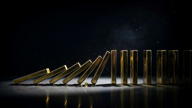 Falling domino pieces representing chain reaction change and business risk