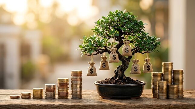 Miniature money tree growing burlap bags filled with wealth alongside stacked gold coins symbolizing financial growth
