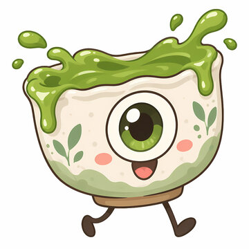 A bizarre kawaii matcha tea mug character with a giant friendly cyclops eye, playful green matcha spilling over the rim like hair, tiny walking legs, bold outlines and soft pastel colors.
