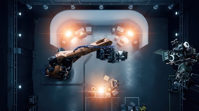 Futuristic robotic arm camera rig filming scene in high tech studio, advanced automation technology, cinematic production equipment with bright lights and boxes for creative